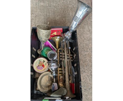 A vintage Regent plated trumpet, another brass, EPNS trophy etc.