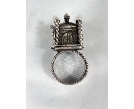 Judaica, Russian silver ring with house at top, hinged, for spice storage, Moscow 1894, 84 zolotnik standard, 0.6oz.