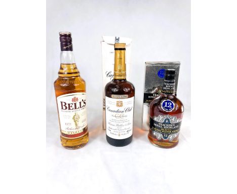A 1 litre bottle of Canadian Club whisky; a 1 litre bottle of Bells Scotch whisky; a 75cl bottle of Teachers Royal Highland D