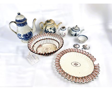 An 18th Century Wedgwood creamware basket, a matching tray (as found), 18th Century Worcester teapot etc.