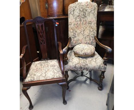 A 19th century French tapestry armchair with knurled arms and turned supports, with X supports and two stools + another armch