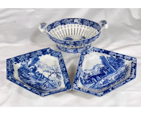 The Don Pottery:- an oval pierced fruit bowl with blue and white "Ruins of a Castle" with hunting scene, (illustrated J. D. G