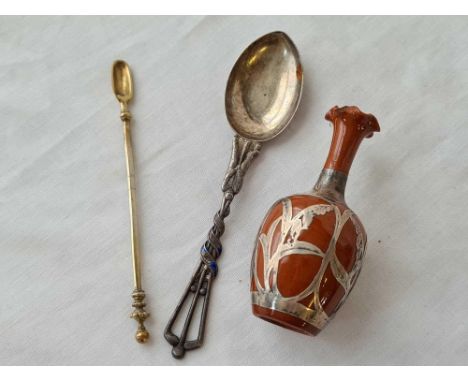 A silver overlay glass vase &amp; 2 spoons.