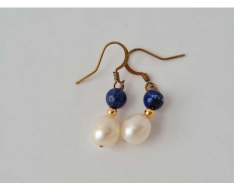 A pair of lapis and pearl drop earrings 