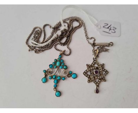 A Edwardian turquoise silver gilt pendant on silver chain together with a silver amethyst and pearl pendant on chain 
