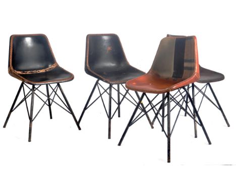 A set of four retro vintage 20th century circa 1970s leather &amp; metal Eiffel dining chairs in the manner of Charlotte Perr