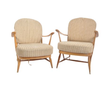 Lucian Ercolani for Ercol - Model 334 - A pair of retro mid century 1960s beech and elm armchairs / easy lounge chairs with e