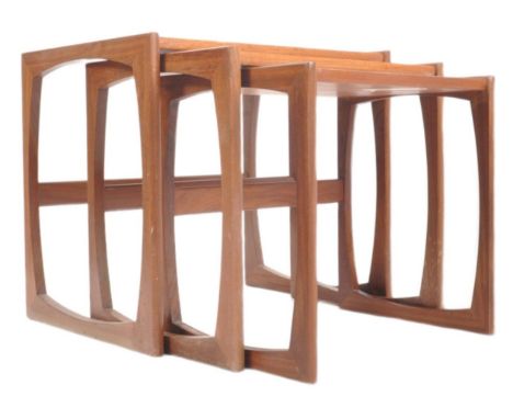 R Bennett - G Plan - Quadrille pattern - A 1970s retro vintage teak wood graduating nest of tables. The three nesting coffee 