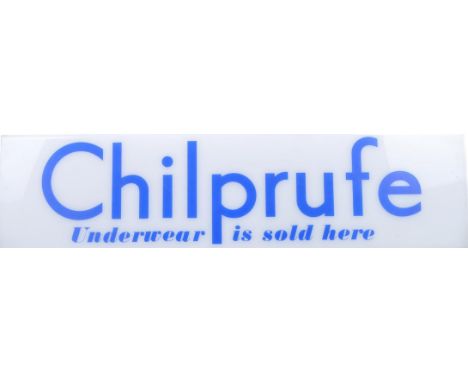 A retro 20th century plexiglass light up shop display advertisement sign for Chilprufe underwear shop. Blue text on white ple