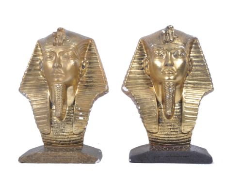 A pair of vintage 20th century plaster cast Tutankhamun Pharaoh head bookends / shelf displays, each finished in gilt tones s