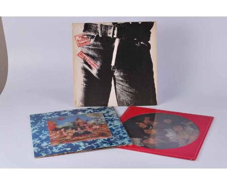 Rolling Stones vinyl Lp's, Their Satanic Majestics Request 1967 holographic cover, Sticky fingers zip cover 1971 and picture 