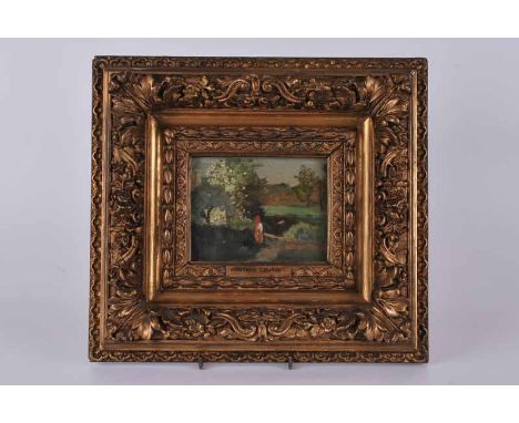 Follower of Gustave Courbet (French, 1819-1877) 'Figure on a Path' signed 'G.C' (lower left) oil on panel 10 x 13cm