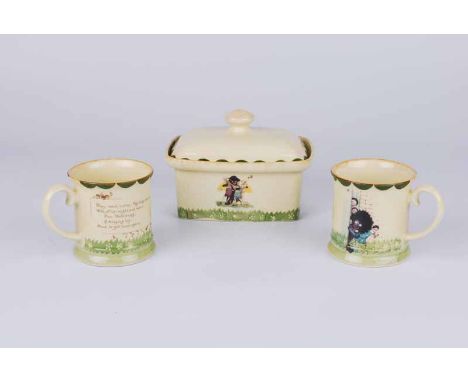 Three Carltonware pieces - golly butter dish (sample) &amp; two golly tankards (trial)