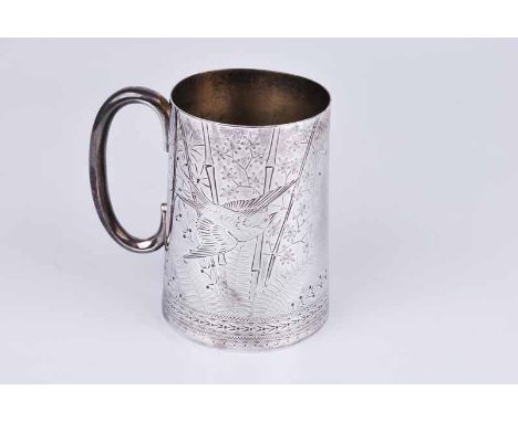 A late Victorian silver christening mug with brightcut bird foliate decorationand vacant inscription panel, London 1879 by Wa