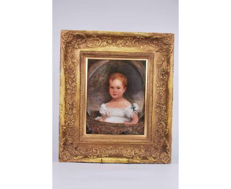 A 19th century English school oil on canvas portrait of a child in Christening gown, unsigned, 25 cm x 20 cm, in painted fram