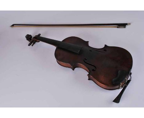 A late 19th Century cremona style violin with Antonius Stradivarius label, bow inscribed Sivort and wooden case  