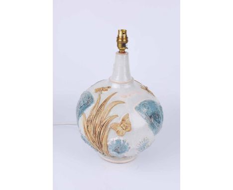 Bernard Rooke (b1938) Brutalist pottery lamp base of globular form with applied reed and insect decoration 40cm H 