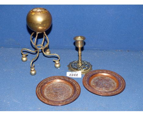 A small quantity of metal including neat globe shaped vase in delicate twisted brass frame, rim missing, pair of small copper