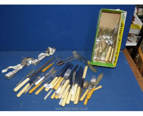 A quantity of miscellaneous cutlery including EPNS, bone handled, mother of pearl, fish knives/forks etc.