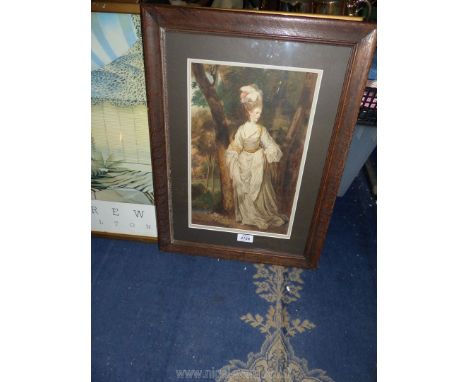 After Sir Joshua Reynolds, a watercolour portrait of Mrs Carnac standing full length with  a wooded landscape beyond, in oak 