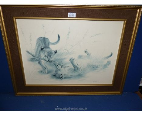 A framed print 'Combat Lion Cubs With a STick', signed lower right Ralph Thompson, 28 1/2'' x 22''.