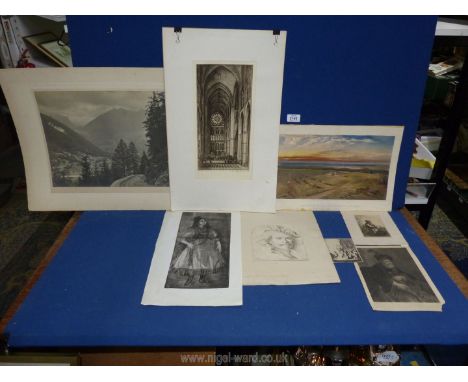 A box of unframed prints including a large Victorian photograph, hand coloured William Simpson lithograph of a Crimean war sc