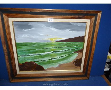 A framed oil on board depicting a seascape at sunset, signed lower right 'M. Nelson'. 20" x 16" image size, 25 1/2" x 21 1/2"