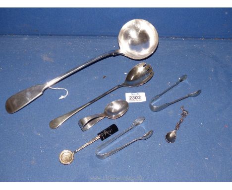 A quantity of plated  items including ladle, serving spoon, caddy spoon etc plus a Norwegian silver sugar tongs