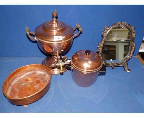 An Art Deco copper ice bucket with lid and Bakelite handles, large copper Samovar, Art Nouveau copper easel mirror in ebony f