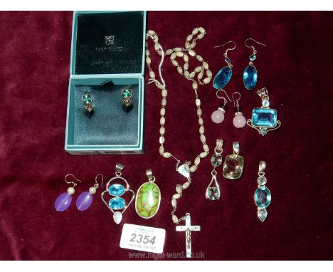 Various turquoise coloured earrings and pendants, crucifix with mother of pearl beads, etc.