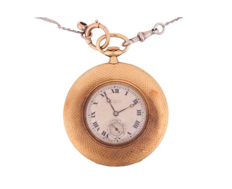 An 18ct gold pocket watch by Longines, the engine turn cover with glazed compartment to a central 2.6cm white dial with Roman