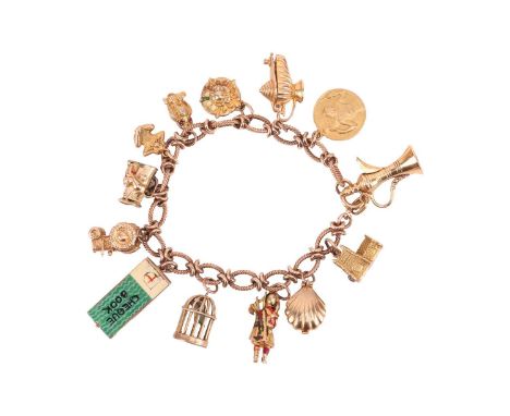 A 9ct gold charm bracelet, comprising a cable link chain with twisted rope design, suspending thirteen various charms, includ