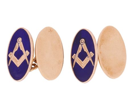 A pair of Masonic enamel cufflinks in 9ct gold, the oval panels engraved with the Masonic square and compass on a blue enamel