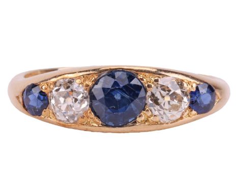 A sapphire and diamond half-hoop ring, comprising three circular-cut sapphires, flanked by two old-cut diamonds with an estim