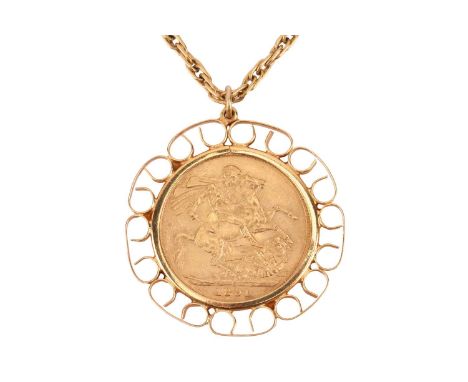 A Queen Victoria full sovereign pendant on chain, dated 1891, in a 9ct yellow gold scrolled mount, to a loose rope link chain
