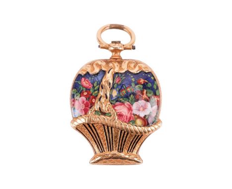 A Swiss enamel pendant watch the engraved yellow metal basket with polychrome Swiss enamel flowers, opening to reveal a 1.7cm