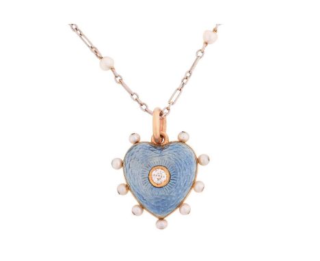 An Edwardian blue enamel and seed pearl heart-shaped pendant, bezel-set with an old-cut diamond to the centre, measuring appr