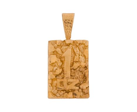 A '1oz' pendant, of a cast rectangular form, depicting the number '1oz' on a textured ground, to a tapering bail, yellow meta