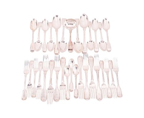 A composite but matching 19th-century "Fiddle &amp; Thread" part canteen of silver flatware, London 1843 by William Eley and 