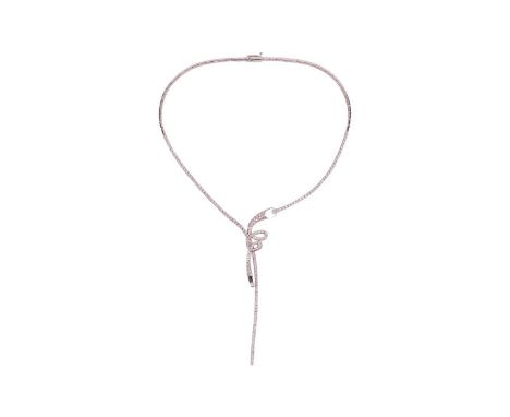 A diamond-set necklace, of curvilinear form, partly constructed by articulated bar links, encrusted with brilliant-cut diamon