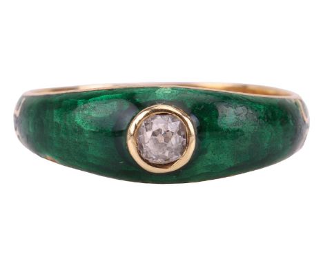 A Victorian diamond-set enamel dress ring in 18ct gold, collet-set with an old-cut diamond with an estimated weight of 0.20ct