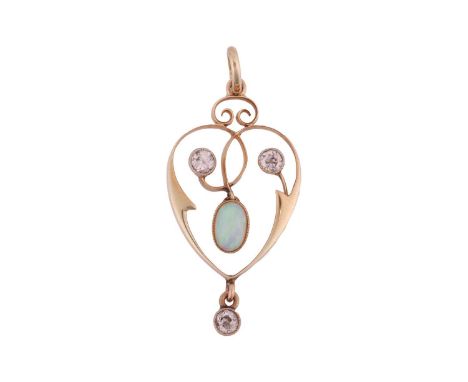 An opal and diamond pendant and gem-set five-stone ring, the heart-shaped openwork pendant with two millegrain collet-set bri