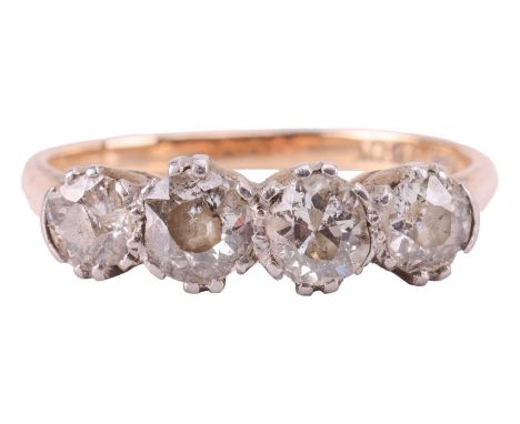 A four-stone diamond-set ring, featuring old-cut diamonds, measuring approximately 4mm to 4.5mm, with an estimated total cara