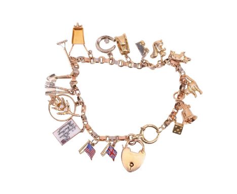 A charm bracelet, comprising a three-toned textured cable link chain with spring-ring clasp, suspending seventeen various cha