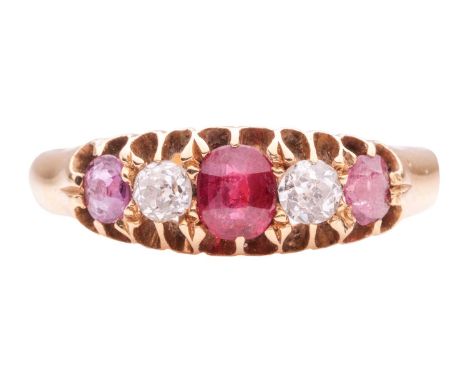 A ruby and diamond five-stone ring, claw-set with alternating circular-cut rubies and old brilliant-cut diamonds, approximate