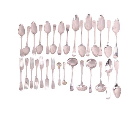 A quantity of Georgian and Victorian silver flatware, mostly fiddle pattern comprising four Old English pattern tablespoons, 