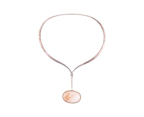 Georg Jensen - a silver 'Neck Ring' with rutilated quartz drop pendant, comprising a streamlined tension clamp opening neckla