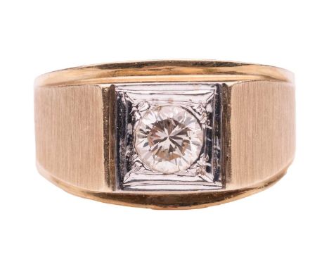 A diamond-set angular gents ring, the central round brilliant diamond measuring approximately 5.2mm, with an estimated carat 