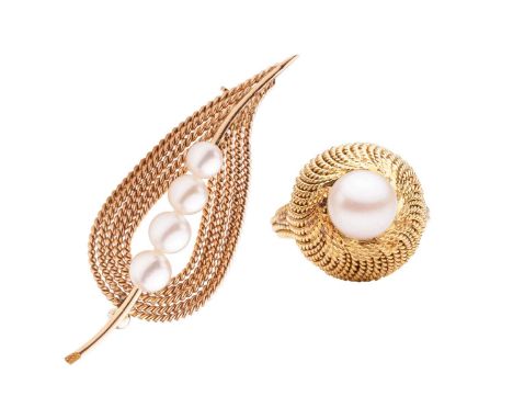 A cultured pearl-set brooch and bombé ring en-suite; the brooch of foliate form composed of twisted cables, accentuated with 