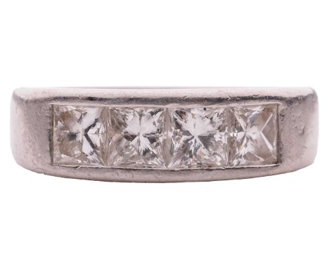 A diamond half-hoop ring in platinum, consisting of four princess-cut diamonds with an estimated total weight of 1.16ct, chan